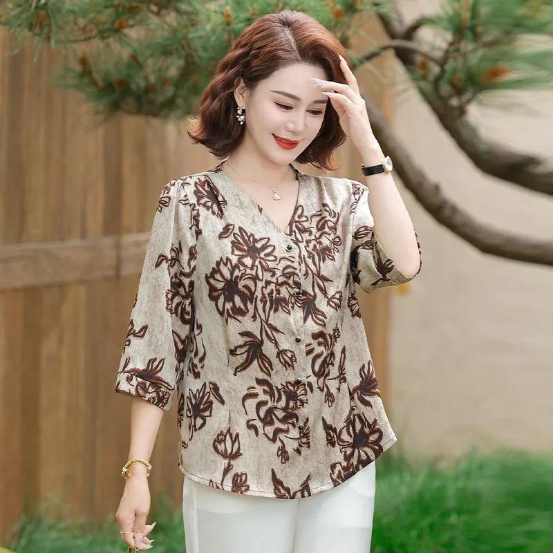 Temperament Middle-aged and Elderly Summer Floral Tops Fashionable Three-quarter Sleeve Cardigans Versatile