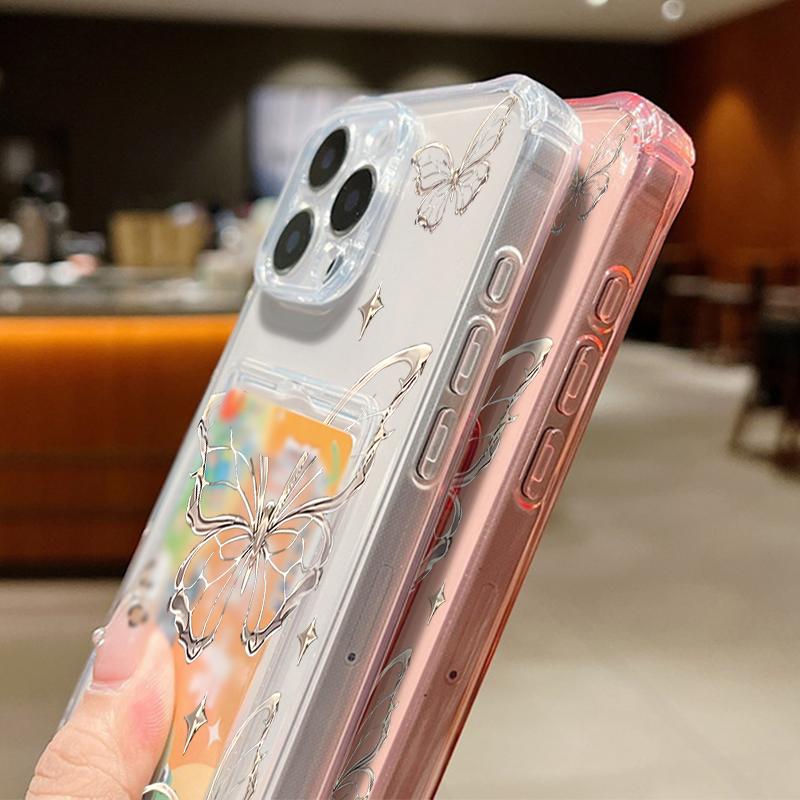 Card Slot Pocket Clear Soft TPU Case For iPhone 17 16 15 14 13 Pro Max 16e 12 Hollow out Butterfly Printed Silicone Phone Cover