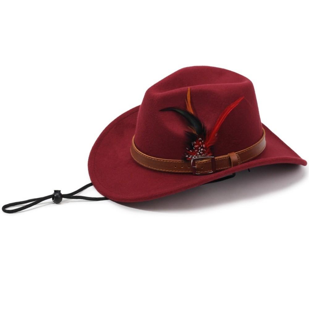 Mode mit Gürtelschnalle Filz Fedora Hüte Breiter Rand Feder Show Jazzhut Wollfilz Cowboyhut Herren Damen