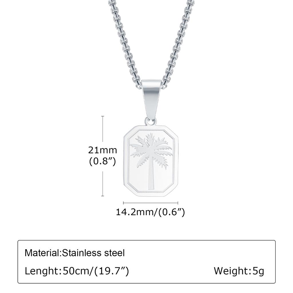 Hawaiian Tree Necklaces for Men,Stainless Steel Palm Trees Square Pendant Necklaces.Chic Stylish Jewelry Gift
