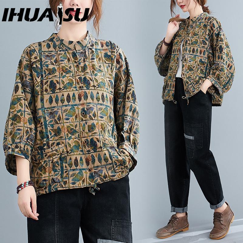IHUASU Cotton Linen Women Shirt Vintage Oversized Blouses Floral Print Harajuku Raglan Sleeve Casual Loose Female Button Down Shirts Tops