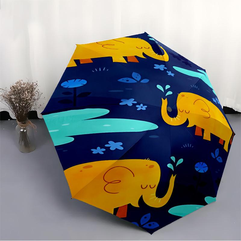 1pc Elephants, Pond Automatic Folding Umbrella - Compact 8-Rib Design, Durable Plastic & Iron, Lightweight for Outdoor Daily Use011