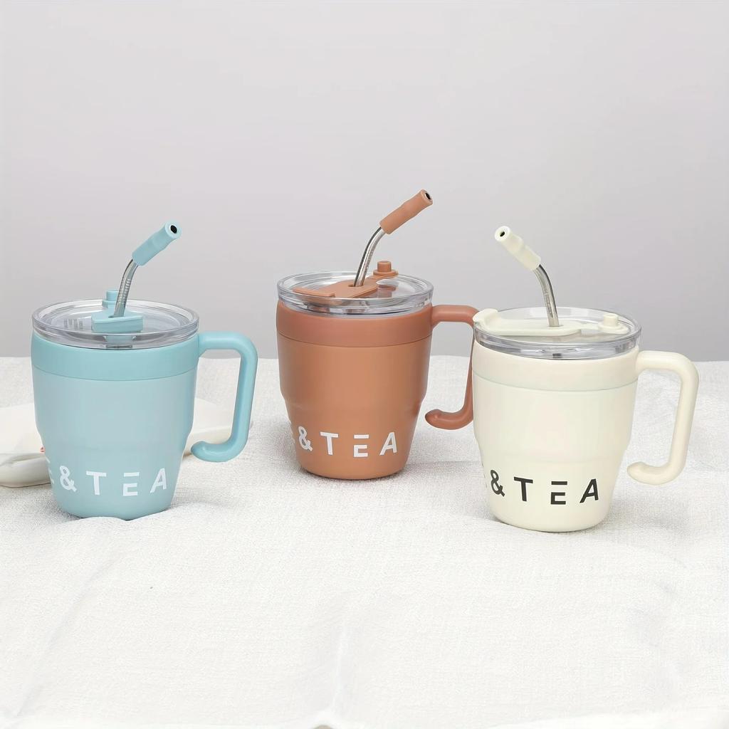 480MLCoffee Cup with Straw Lid Stainless Steel Thermos Mug for Cold Drinks Water Tea Milk Office Outdoor Portable Bottle
