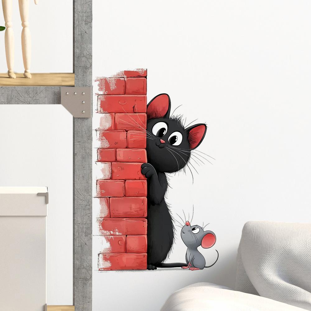 

Playful Black Cat and Mouse Self Adhesive Wall Sticker Left Right Optional for Kitchen Living Room Renovation Home Decor 10x15cm