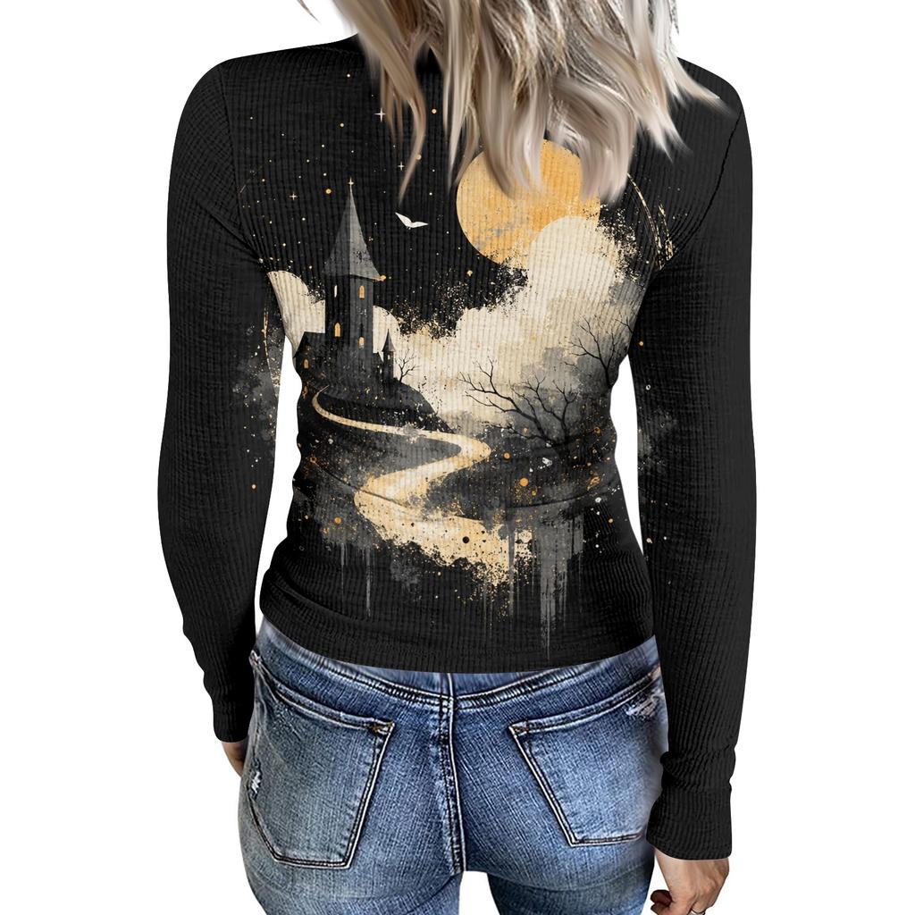 Womens Long Sleeve Halloween Print Fitted Crew Neck Base Layer T Shirt Slim Fit Stretchy Top for Casual Wear