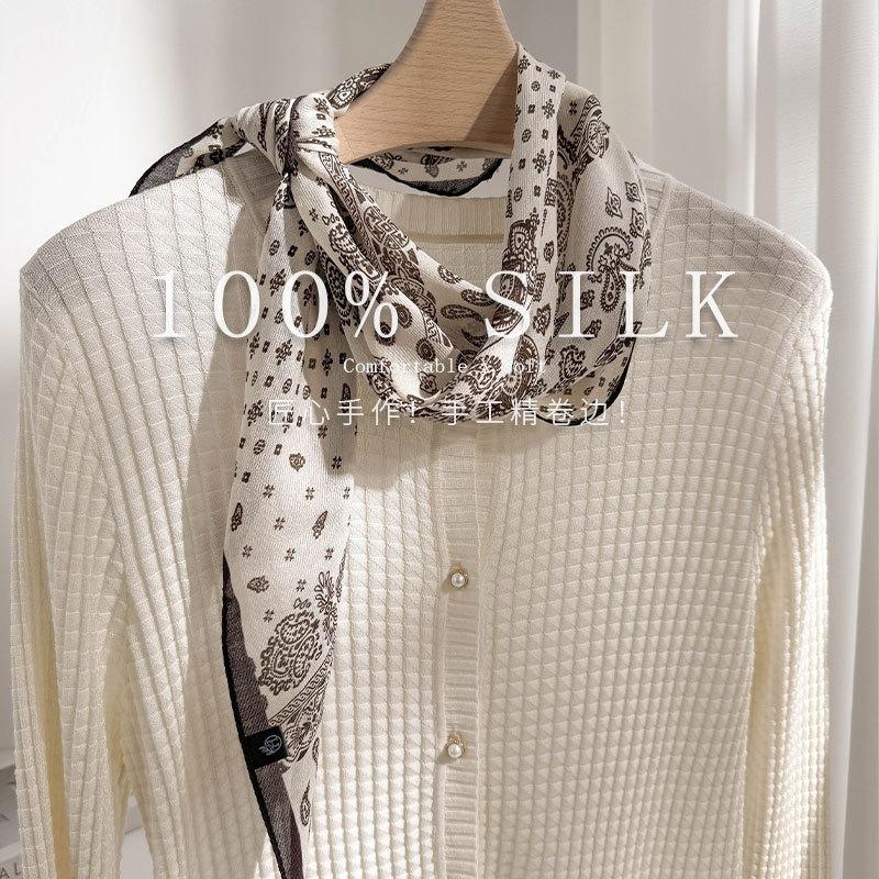 White cashew high-quality mulberry silk silk scarf high-end versatile rhombus scarf streamer women's gift small scarf