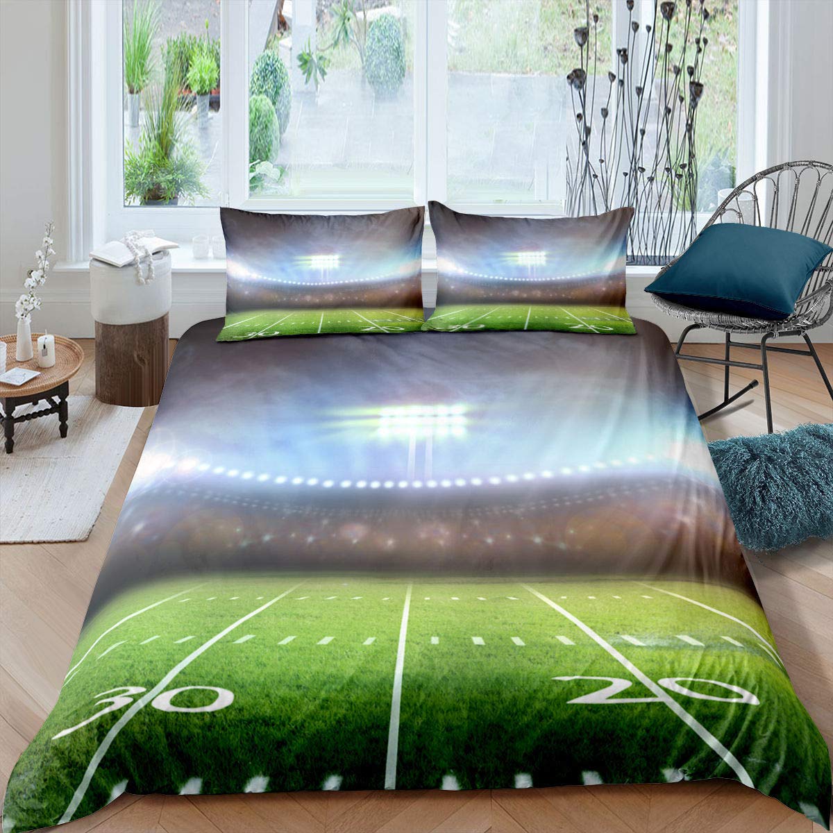 

Green Football Field King Queen Підодіяльник Футбольне поле Підодіяльник Хлопчики Чоловіки Спортивні ігри Комплект постільної білизни Поліестерова ковдра US King259x229cm