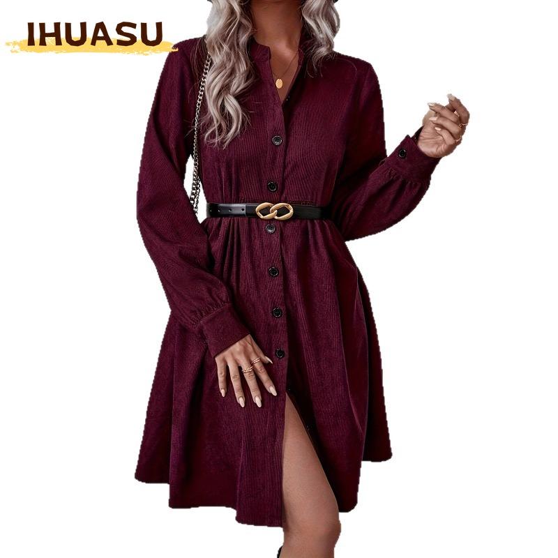 IHUASU Damenmode Frühling Herbst Einfarbiger Druck POLO-Kragen Langarm Freizeitkleider