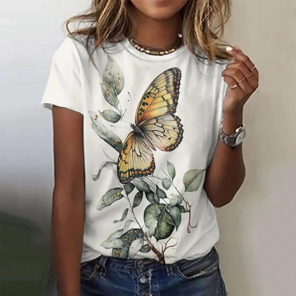 Women's round neck T-shirt 3D digital printed short sleeved shirt fashionable butterfly print 3432
