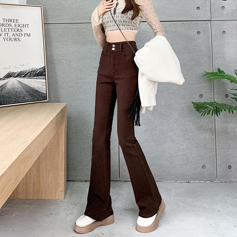 Women's High Waist American Style Brown Flare Jeans, Plus Size, Slimming Bell Bottom - Perfect for 2025 Spring/Autumn Trends.