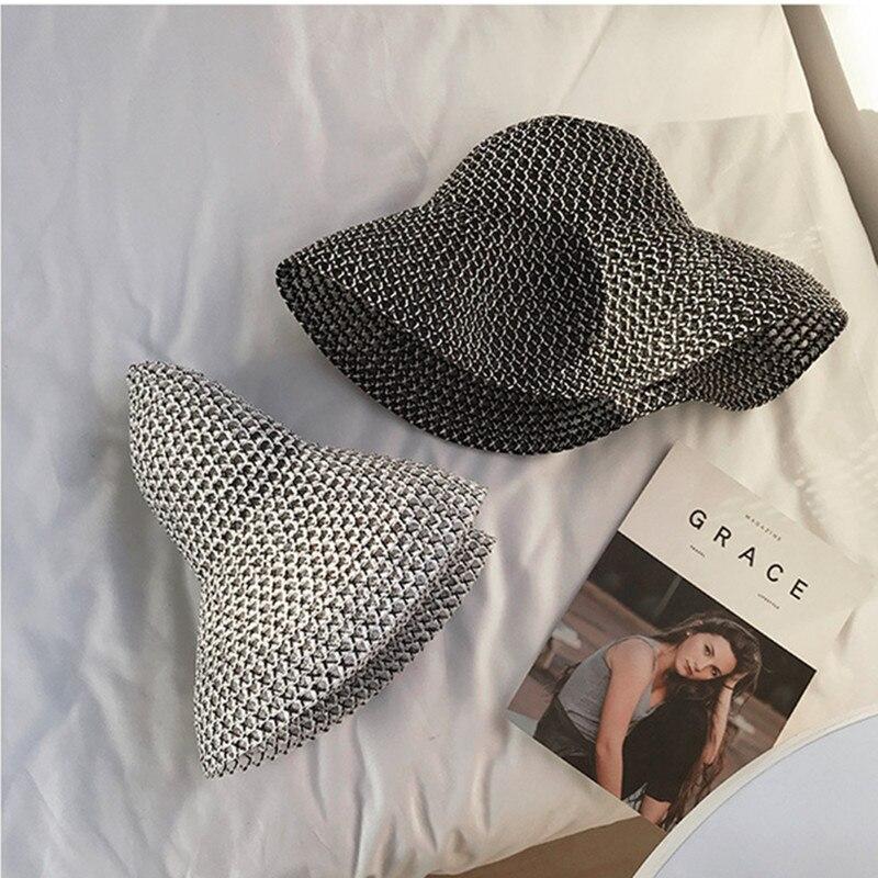 Retro Round Top Big Straw Hat Ladies Sun Hats Travel Holiday Visor Hats Vintage Women Beach Hat Black and White