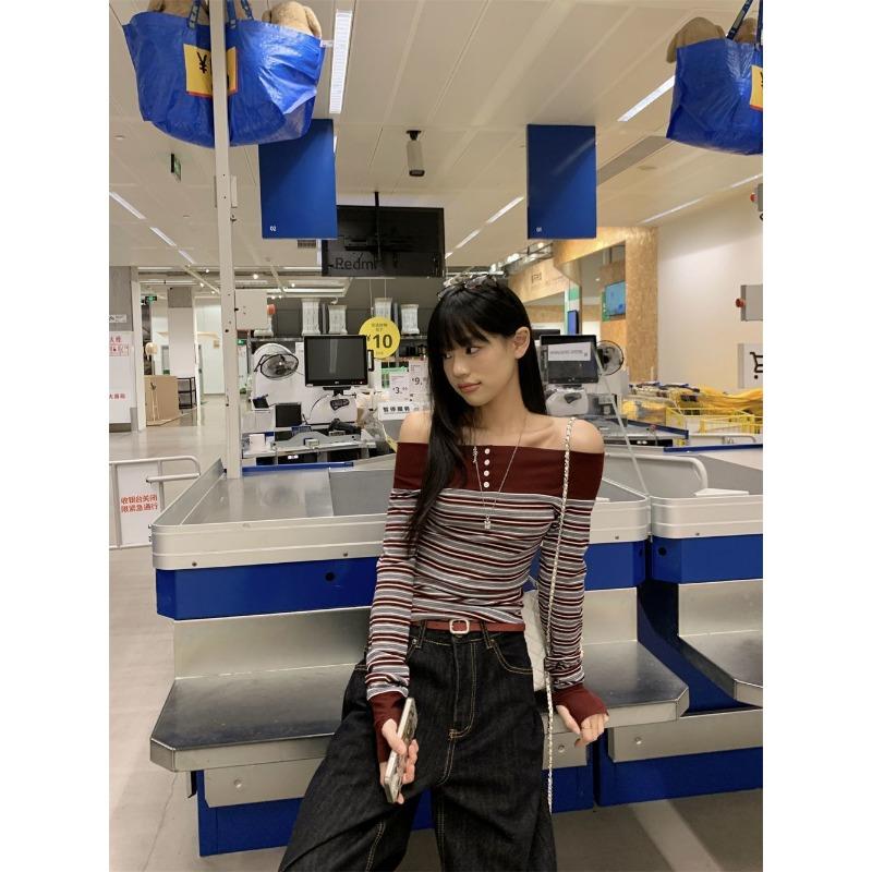 Temperament Contrast Striped Long-sleeved T-shirt for Women Spring New Slim Design One-shoulder Top