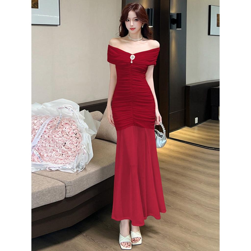 Summer New Mesh Pleated Meat Cover Thin Banquet Style Hip Skirt Pure Slim-fitting High-waisted V-neck Dress