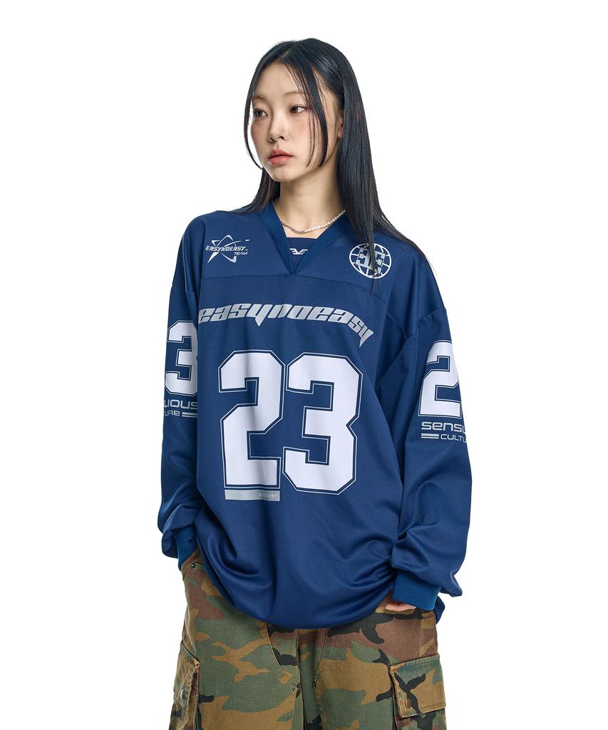 EASY NO EASY Long Sleeve Football Jersey - Navy