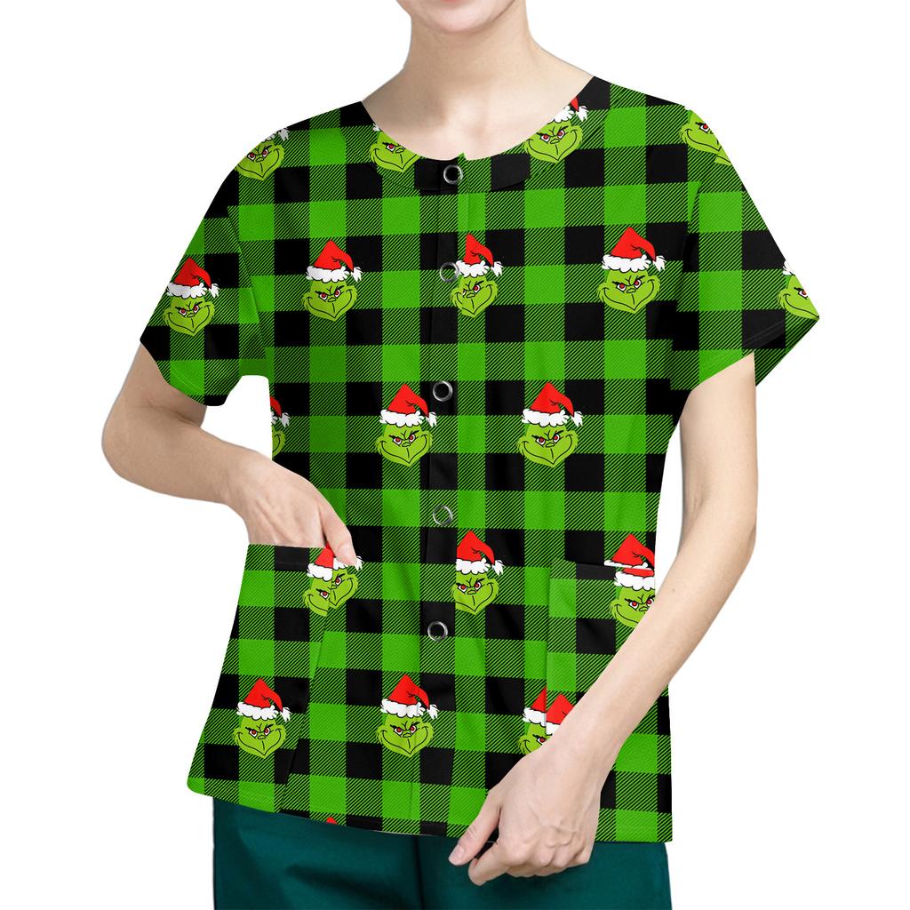 Women's Short Sleeved Patterned Pockets, Work Print Stand Up Collar, Single Breasted Protective Clothing, Cardigan Jacket, Top