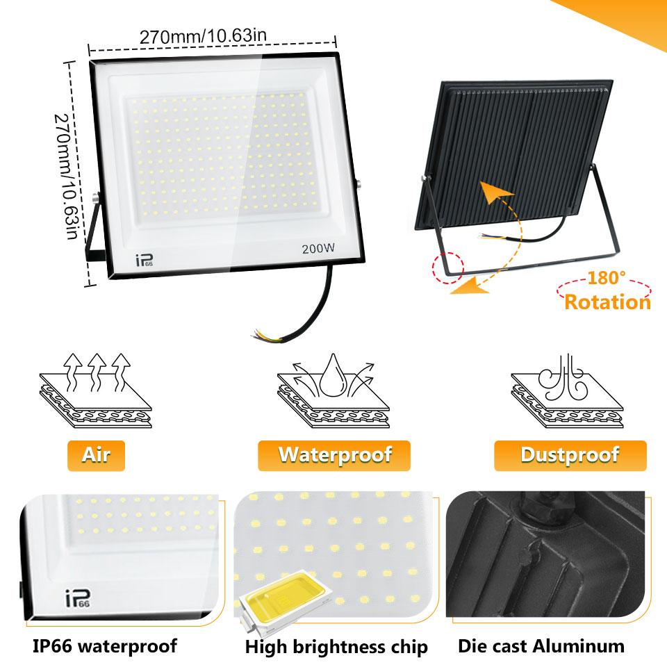 LED Floodlight AC110V/220V 20/30/50/70/100/150/200/300W Aluminum For Outdoor Lighting IP66 Waterproof Garden Courtyard Lamp