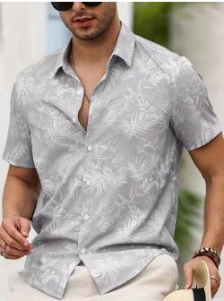 Camisa Masculina de Manga Curta com Botões Estampa Folha de Palmeira Tropical 2026, Camisa Casual de Verão Estilo Praia Casual