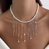 Temperament Imitation Pearl Fringed Beaded Collarbone Necklace, Hip-Hop Style Diamond-Encrusted Cross Collar For Women