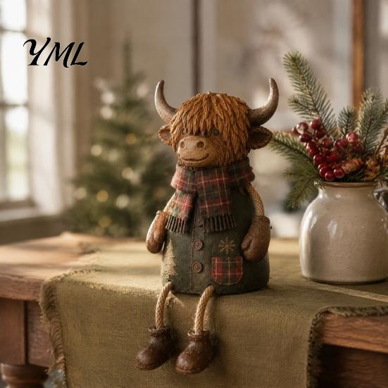 Warm Festive Room Accents Christmas Highland Cow Figurine, Cute Ornament with Retro Plaid Clothing for Farmhouse Holiday Charming Animal Art