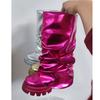 Fashion Women's Mid Calf Boots Thick Bottom Round Toe Runway Style Pleated Boots Women Platform Boots Gold Silver Large Size Shoes 2025