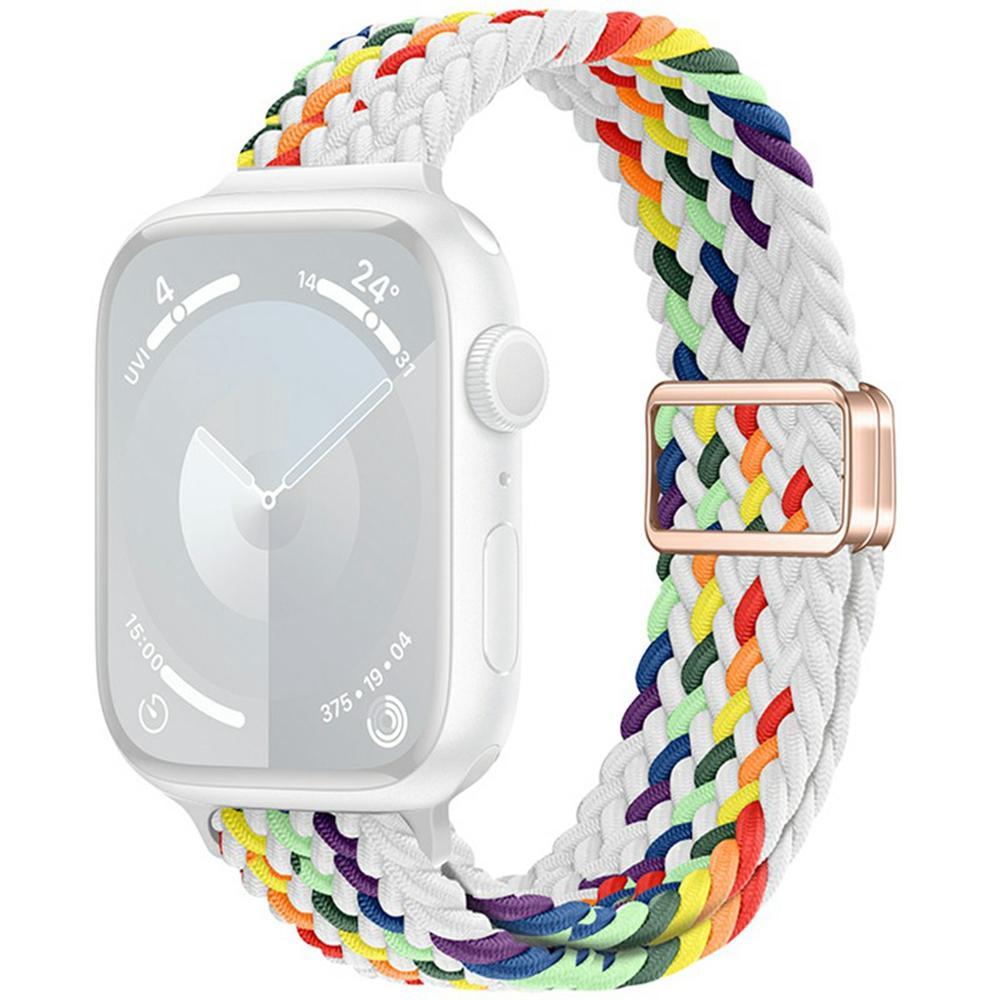 

KALEBOL Braided Watch Band for Apple Watch Series 10 Ultra 9 8 7 SE 6 5 4 3 2 1 46mm 49mm 45mm 44mm 42mm Elastic Nylon Strap White Rainbow
