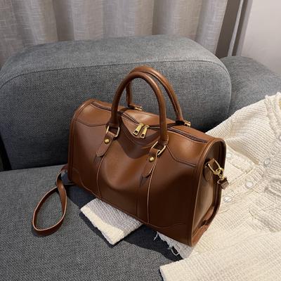 Sac fourre-tout rétro haute capacité Nouveau automne/hiver Cuir PU Texture double fermeture éclair Sac bandoulière Simple Polyvalent Sacs de voyage