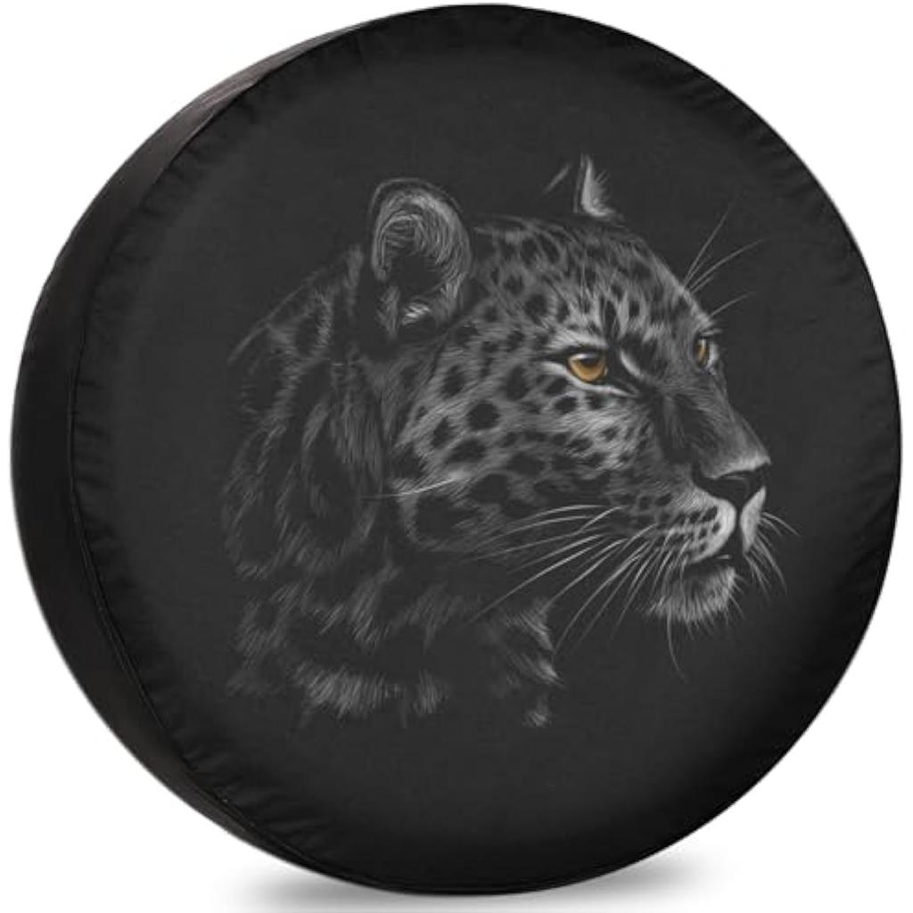 Black Leopard Portrait Spare Tire Cover Durable Protector for RV Camper Trailer SUV Van 12 to 17 Inch