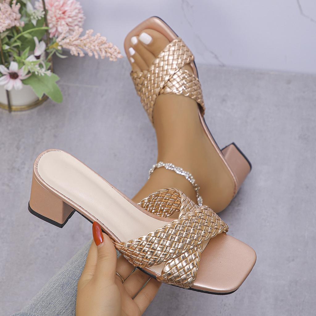 Summer New Woven High Heels Plus Size Block Heel Sandals Women