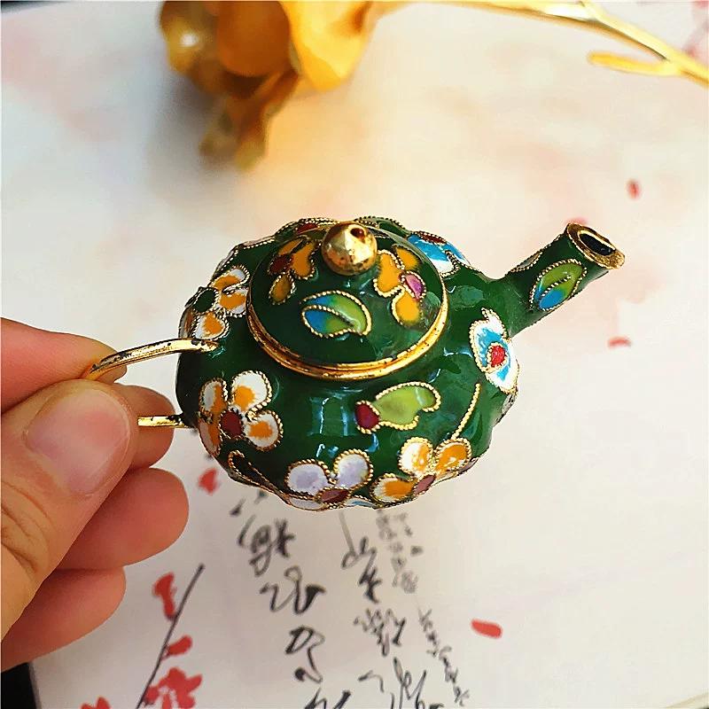 Antique Cloisonne Teapot Ornament Handmade Enamel Copper Wire Craft Beijing Style Home Decor