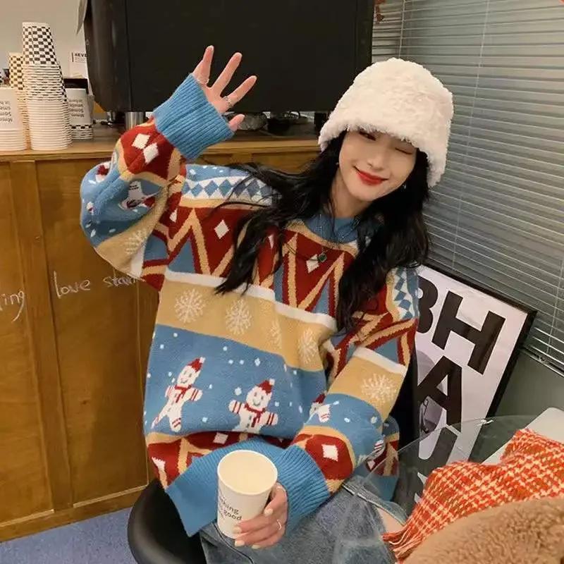 Zimní Nový Vintage Svetr Y2K Vánoční Teplý Pulovr Kulatý Výstřih Pulovr Dámský Street Casual Harajuku Volný Novoroční Svetr