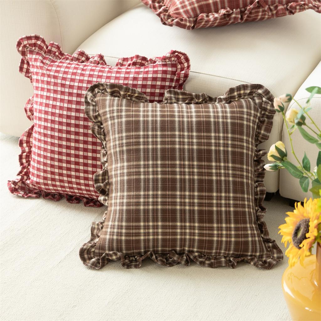 Square Throw Pillow Cover with Ruffled Edges Classic Checkered Pattern Decorative Cushion Case for Sofa Living Room Vintage Style