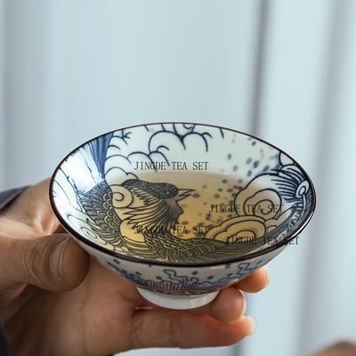 Einzelne blau-weiße Porzellan-Bambushut-Besitzer-Teetasse Keramik-Tee- und Weinprobiertasse Haushalt kleine Weinschale