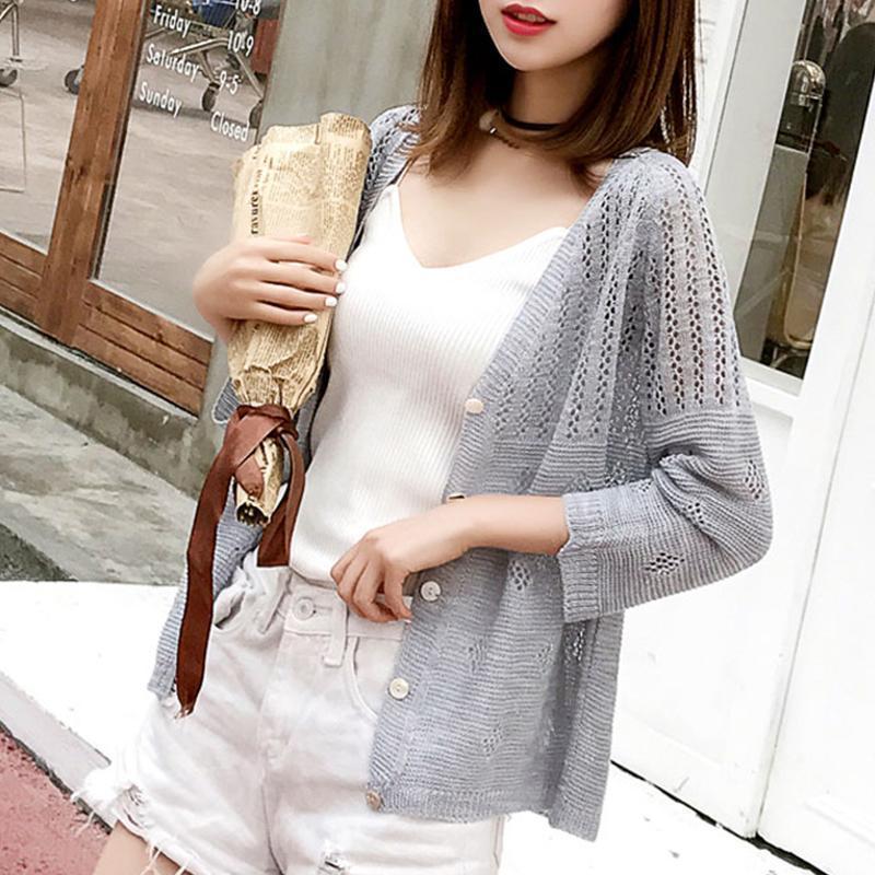 Sunscreen air-conditioning shirt hollow knitted cardigan women's summer temperament casual seven-quarter sleeve thin jacket loose outer fit