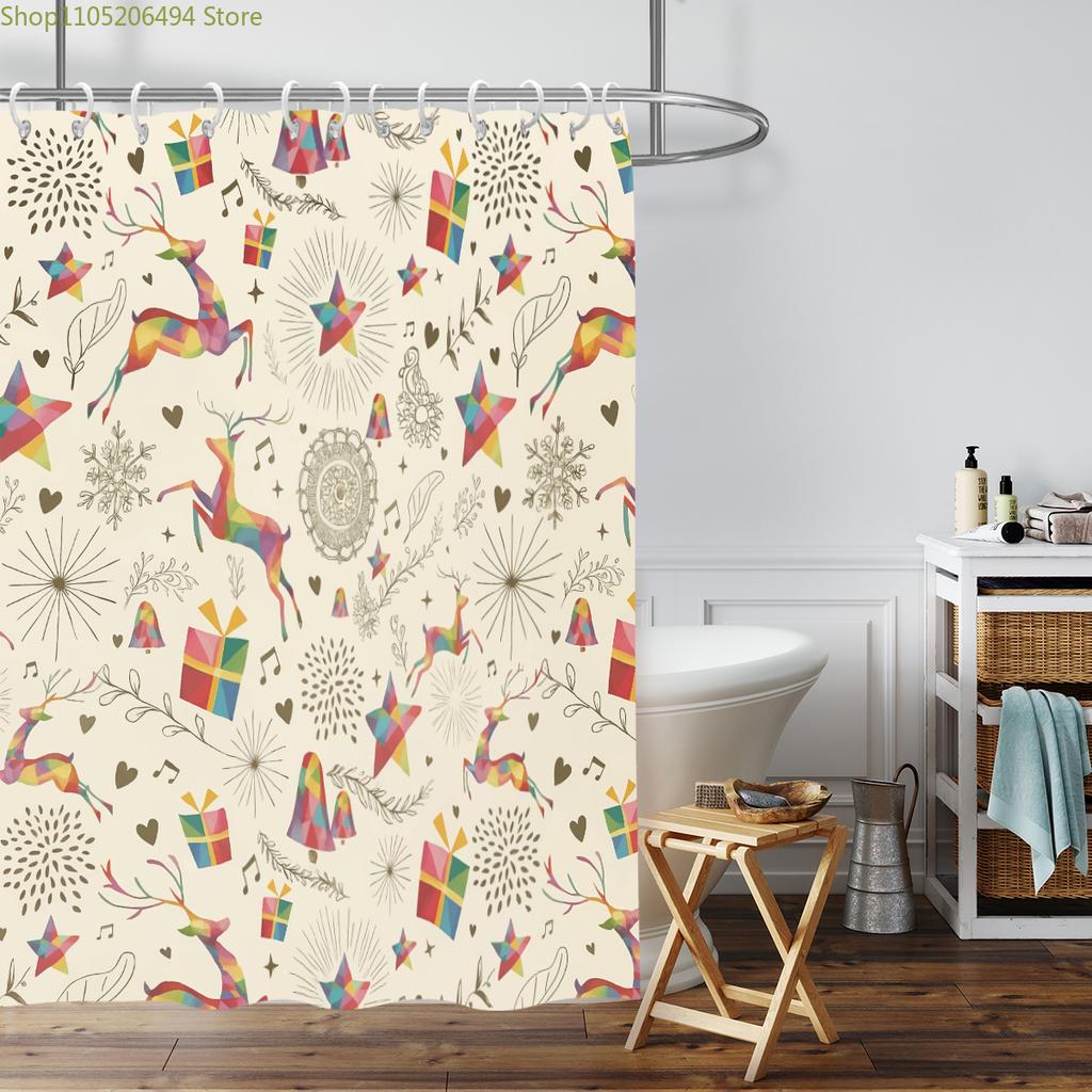 1pc Christmas Print Waterproof Perforated Shower Curtain Shower Partition Privacy Multi Size with 12 Hooks for Easy Installati