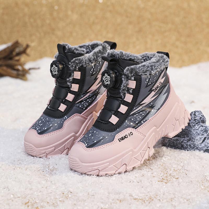 Rotary Buckle Winter Boots For Children Plus Velvet Girl Snow Boots Warm Plush Boot Boys Outdoor Non-slip High Top Sneakers Kids