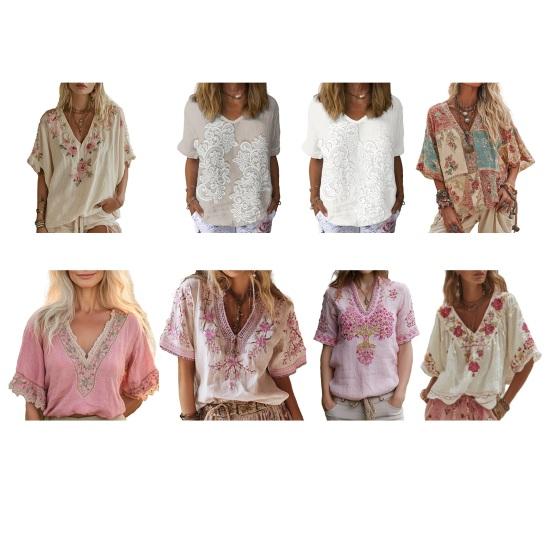 Women Shirt Embroidery Flower Pattern V-neck Dropped Shoulder Short Sleeve Shirt Tops A-Line Loose Fit Soft Summer Tops