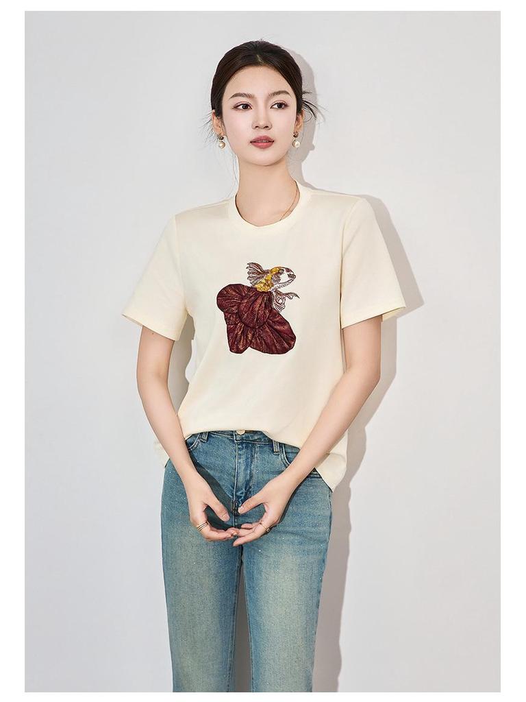 Three-Dimensional Goldfish Sequin Embroidery High Elastic Fashion Casual T-shirt