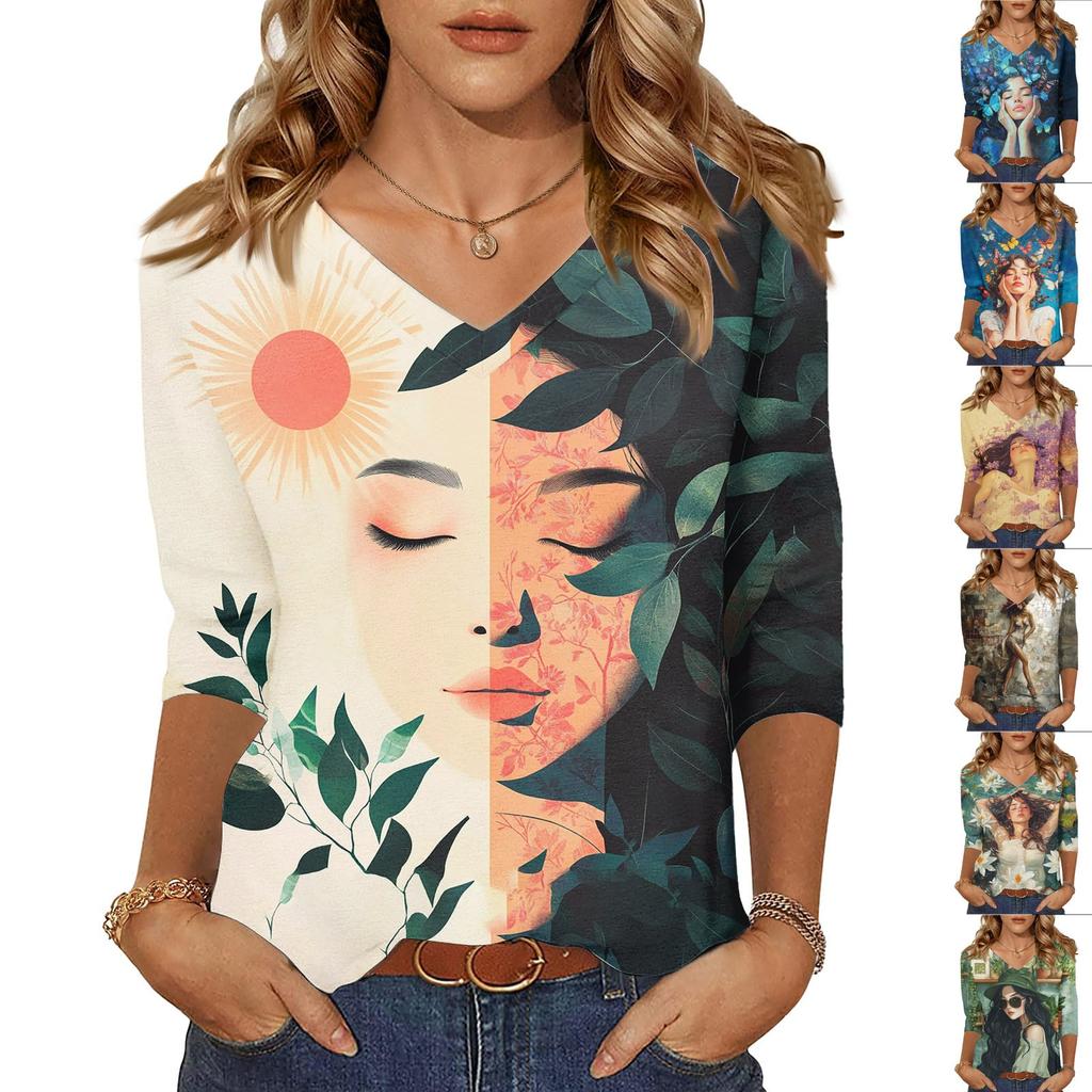 Women's Tops Three-quarter Sleeve Shirt V-neck Loose Casual Shirt Character Printed T-shirt