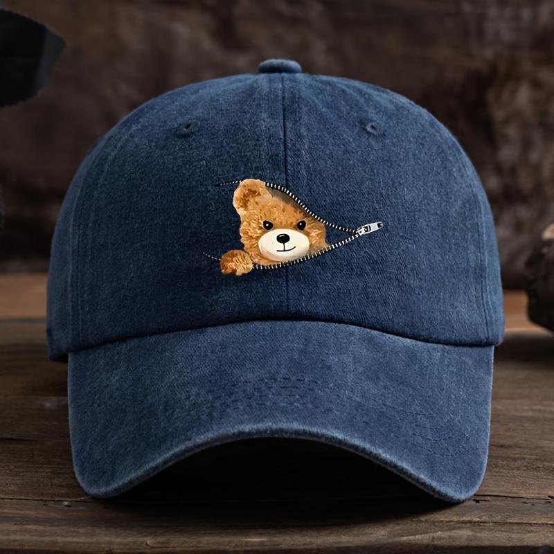 Zippered Bear Print Baseball Cap, Outdoor Sun Protection Cap, Stylish Full Duckbill Cap, Black, Machine Washable Baseball Cap