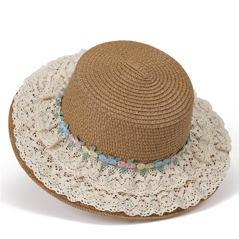 French Lolita Lace Straw Hat Women'S Summer Big Brim Shade Flat Top Top Hat Seaside Beach Shade
