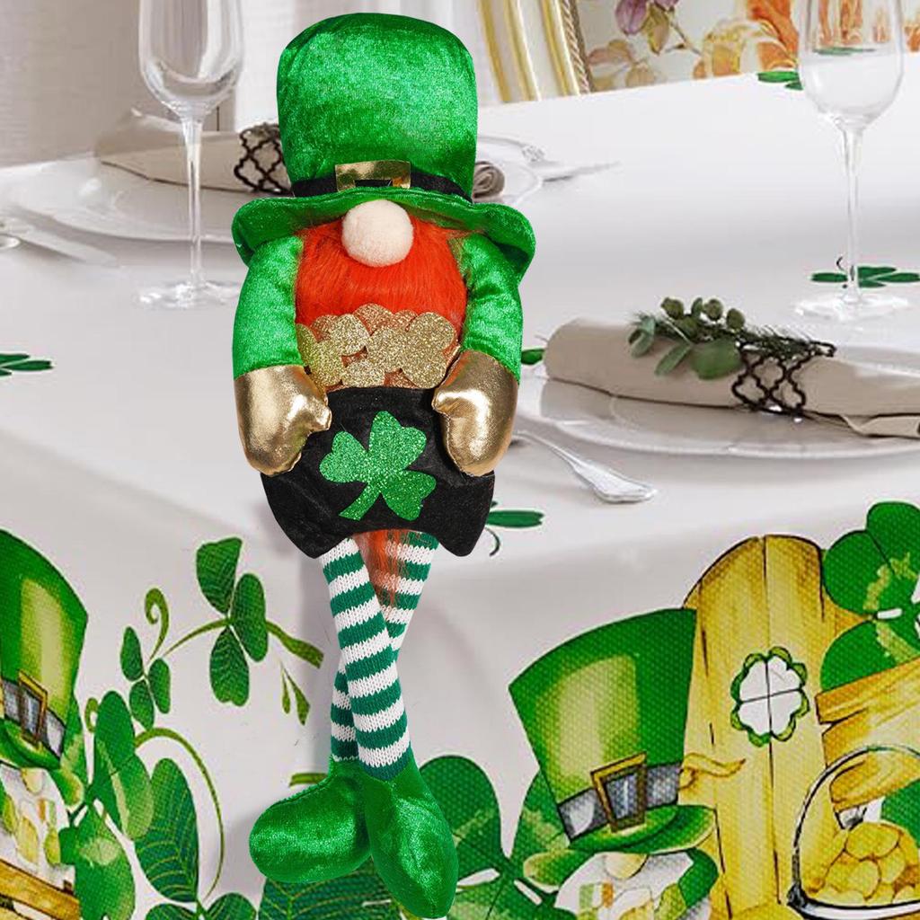 St. Patrick's Day Long-Legged Gnome Doll with Four-Leaf Clover - Green Ornament for Home Decor