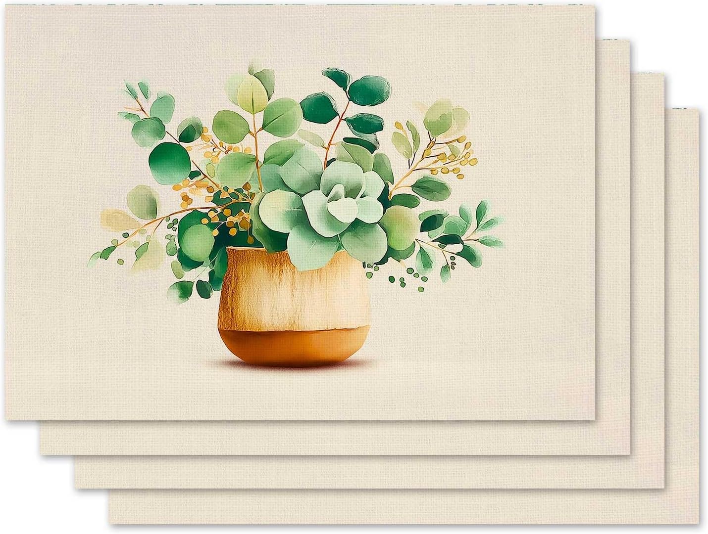 

Eucalyptus Pots Placemat Set of 4 Spring Summer Floral Placemats Seasonal Table Mats for Indoor Outdoor Home Kitchen Dining Decor Party Farmhouse Burl 4Pcs
