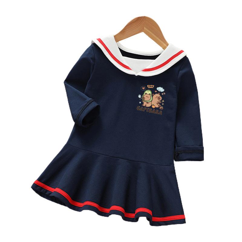 Stylish Long-Sleeved Spring/Autumn Academy Dress & Summer Pleated Short-Sleeved Navy Princess Skirt for Girls