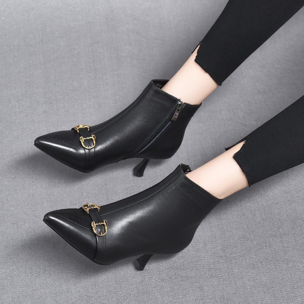 Fashion pointed small bare boots autumn and winter new stiletto fashion boots first layer cowhide side zipper short boots