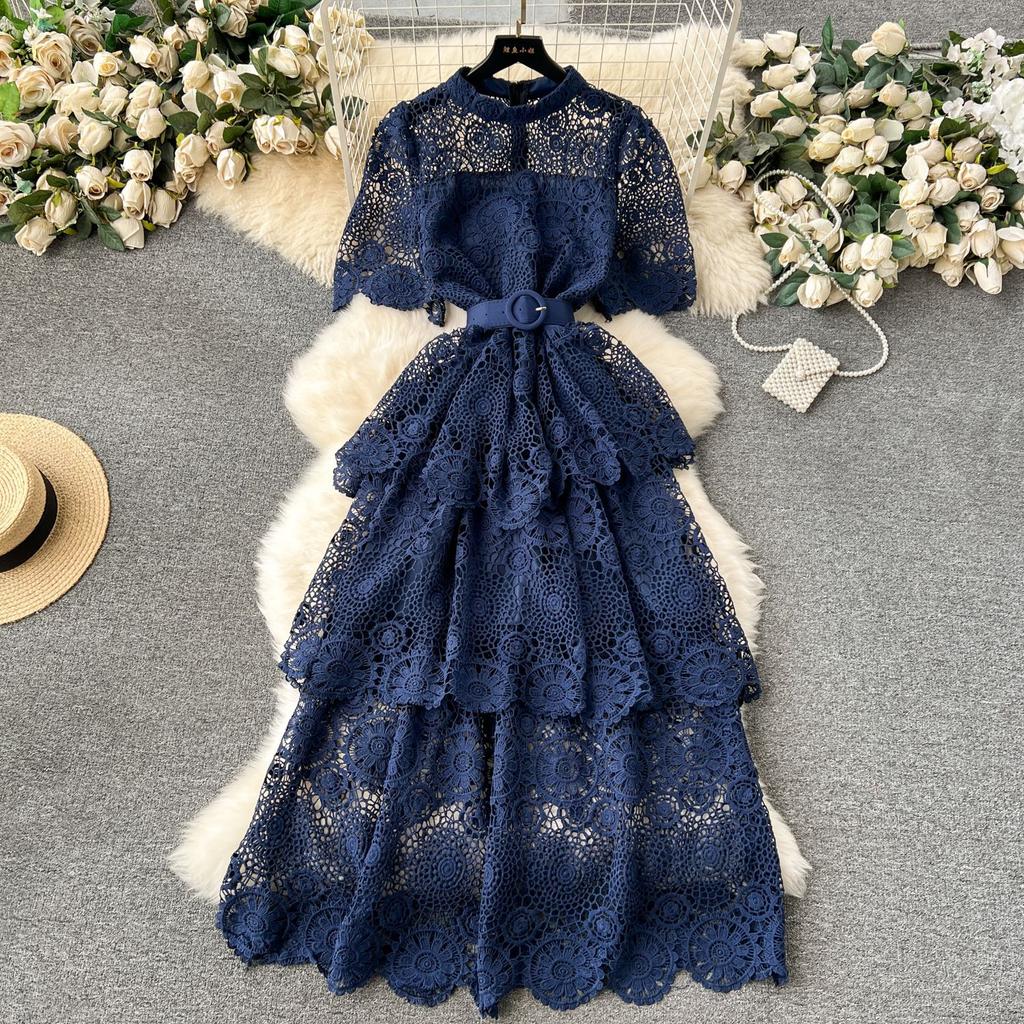 Summer Hollow Out Ruffles Lace With Belt Patchwork Dress High Waist Vestidos Sweet Style Women's Dresses Autumn Spring