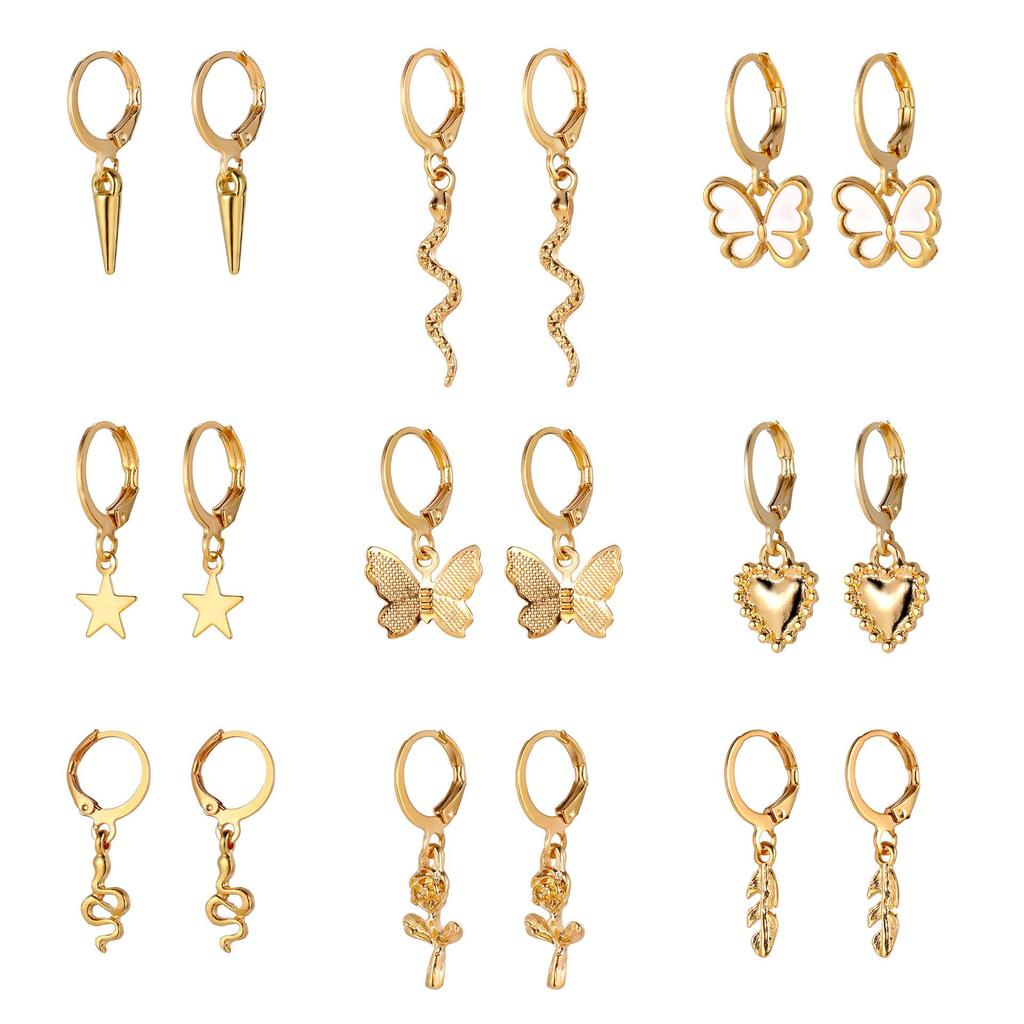 European & American Cross-border Women's Snake, Butterfly, Rose Ear Jewelry Set - 9 Pieces