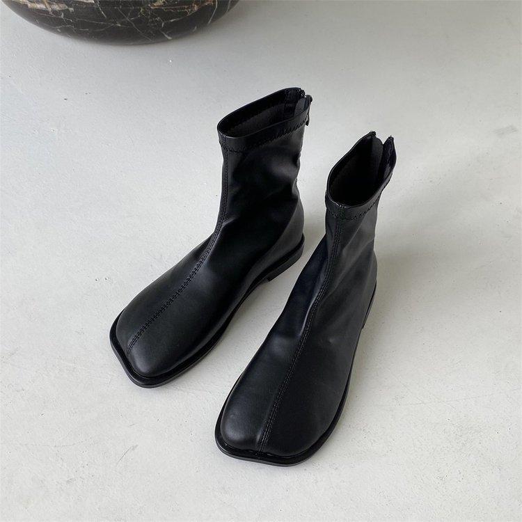 Short boots women's spring and autumn single boots 2025 new square head mango boots soft leather elastic thin boots retro fried street Martin boots
