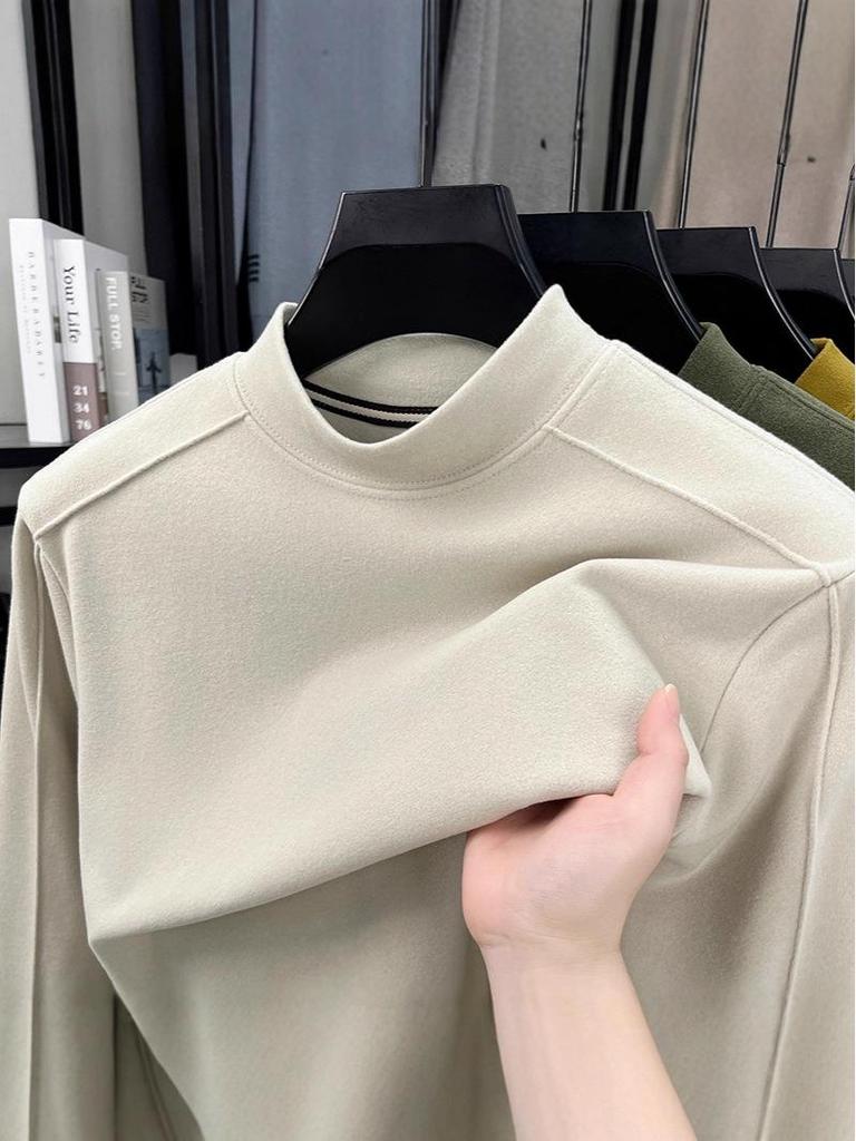 Men's Thickened Warm Long-Sleeve Hoodie, 2025: Half-High Collar, Double-Sided German Fleece, Self-Heating Solid Color Base Layer