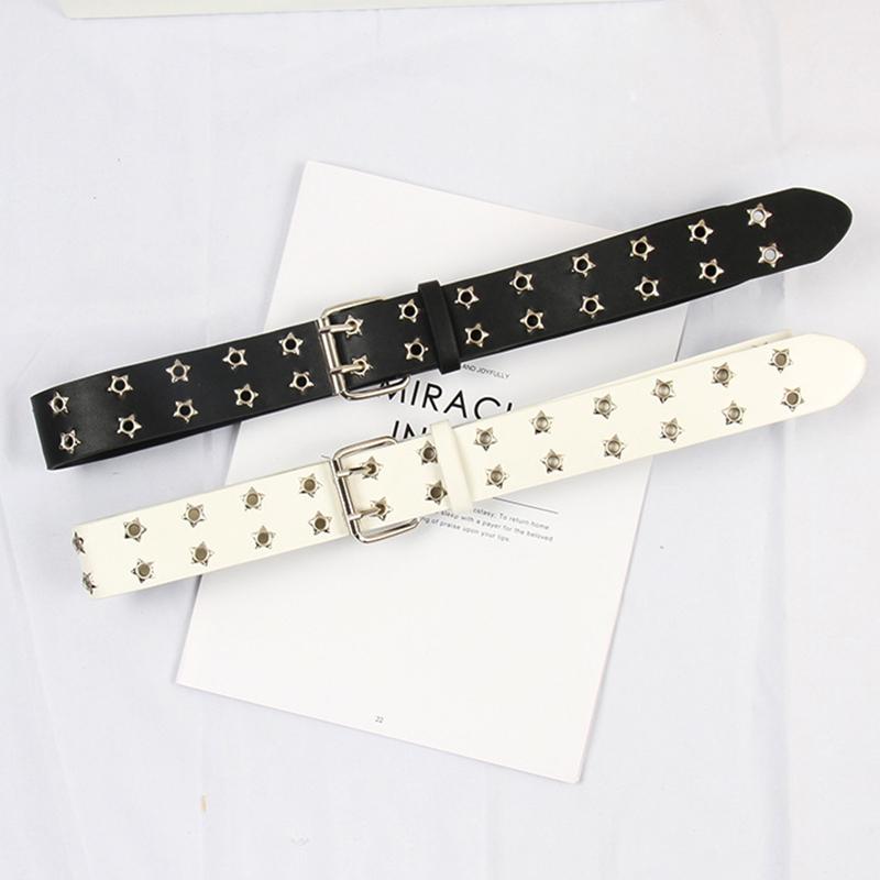 Women Punk Chain Belt Adjustable Double Eyelet Grommet Metal Buckle Leather Waistband for Jeans