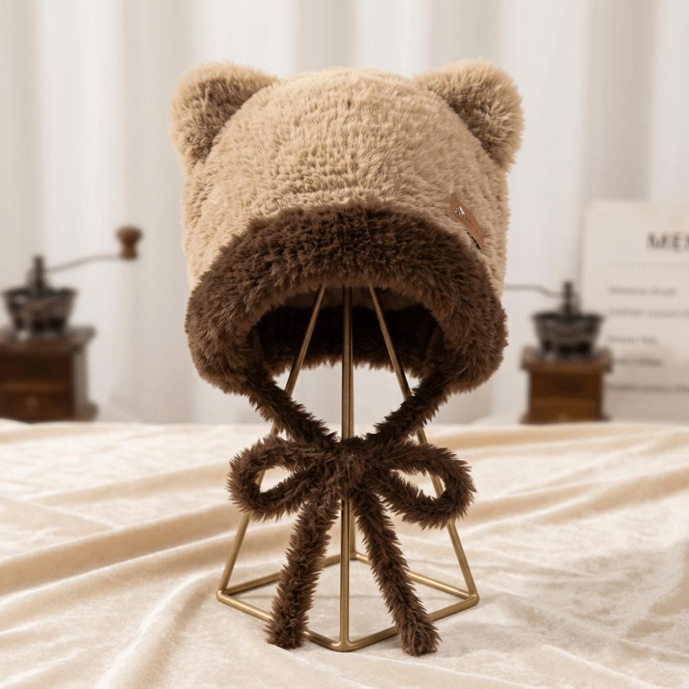 Bear Ear Fuzzy Ear Flap Hat 56-59CM Winter Thermal Hat Cute Plush Trapper Hat Outdoor Use